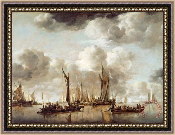Jan van de Capelle A Dutch Yacht Firing a Salute as a Barge Pulls Away Framed Painting