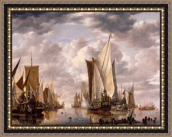 Jan van de Cappelle  Shipping in a Calm at Flushing with a States General Yacht Firing a Salute Framed Print