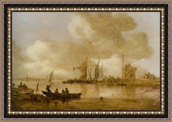 Jan Van Goyen A River Estuary with Dutch Shipping And a Lighthouse Framed Painting