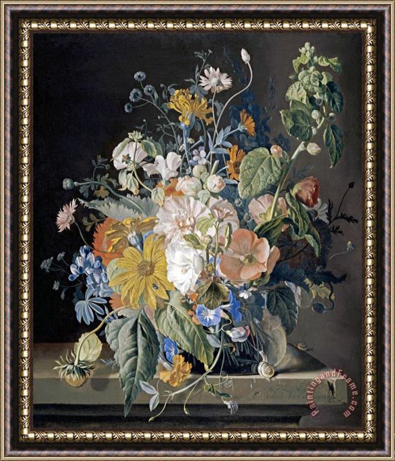 Jan Van Huysum Poppies, Hollyhock, Morning Glory, Viola, Daisies Framed Painting