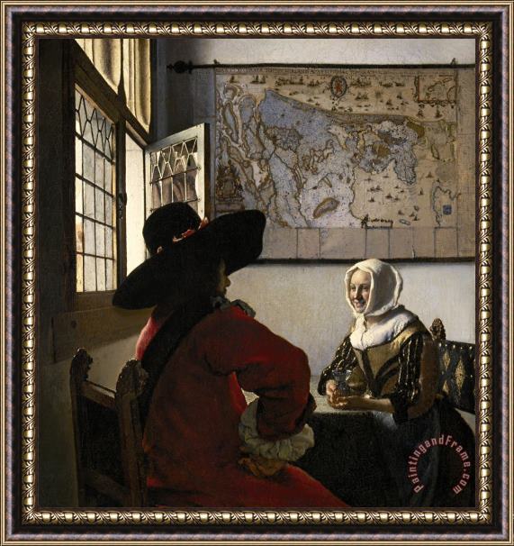 Jan Vermeer De Soldaat En Het Lachende Meisje Framed Painting