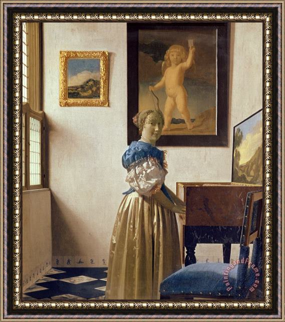 Jan Vermeer Lady standing at the Virginal Framed Print