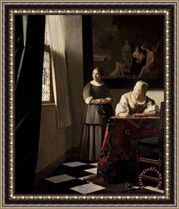 Jan Vermeer Lady writing a letter with her Maid Framed Print