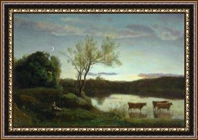 A Pond in The Morvan Framed Prints - A Pond with three Cows and a Crescent Moon by Jean Baptiste Camille Corot