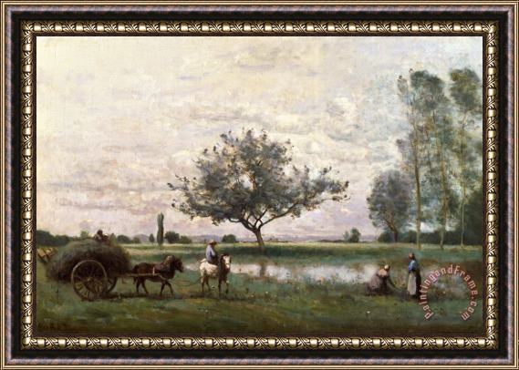 Jean Baptiste Camille Corot Haycart beside a River Framed Painting