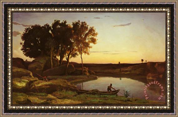 Jean Baptiste Camille Corot Landscape with Lake And Boatman Framed Painting