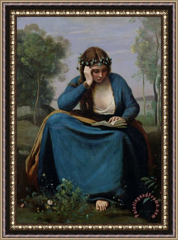 Jean Baptiste Camille Corot The Reader Crowned with Flowers Framed Painting