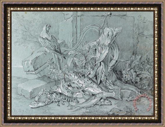 Jean Baptiste Oudry Still Life with Fish And Parrot Framed Painting