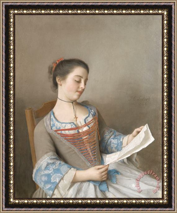 Jean-Etienne Liotard 'la Liseuse' (marianne Lavergne, Een Nicht Van De Kunstenaar, in Lyonese Plattelandskleding) Framed Painting