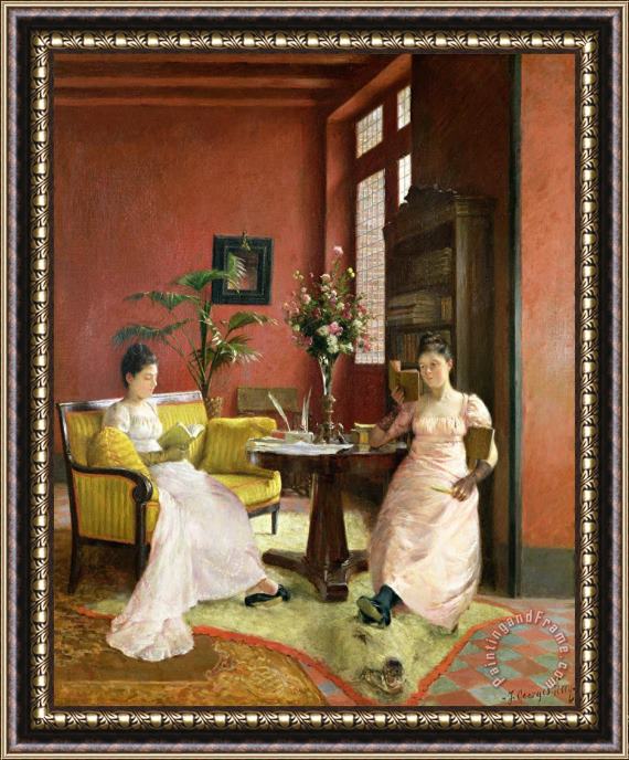 Jean Georges Ferry Two Women Reading in an Interior Framed Painting