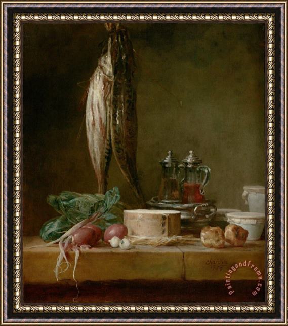 Jean-Simeon Chardin Still Life with Fish, Vegetables, Gougeres, Pots, And Cruets on a Table Framed Painting