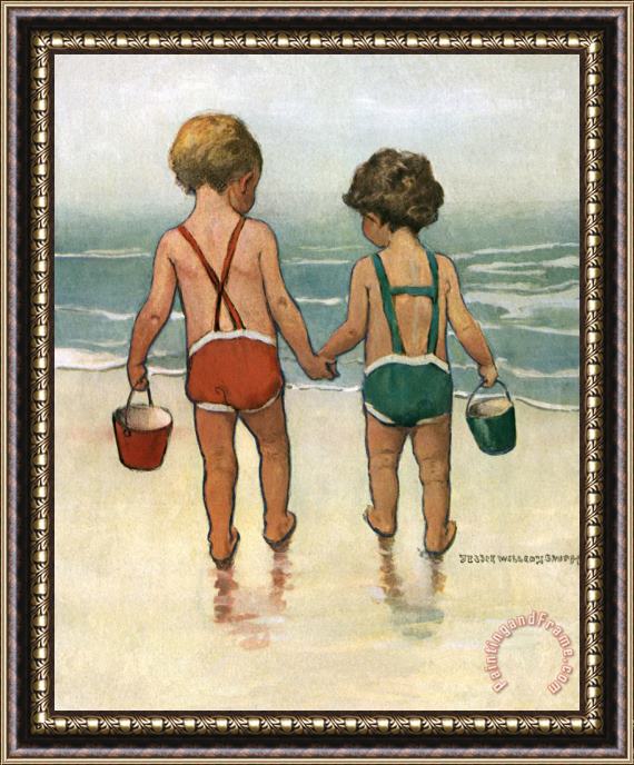 Jessie Willcox Smith Hand in Hand on The Beach Framed Painting