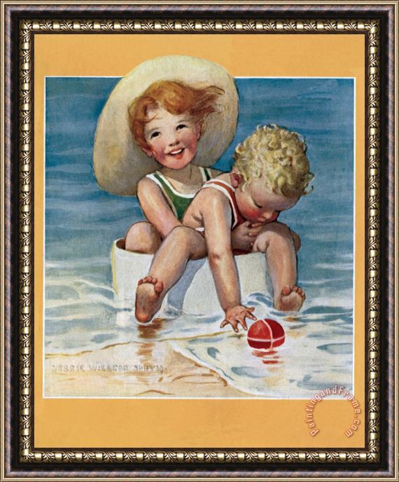 Jessie Willcox Smith Two Children Playing in The Ocean Framed Print