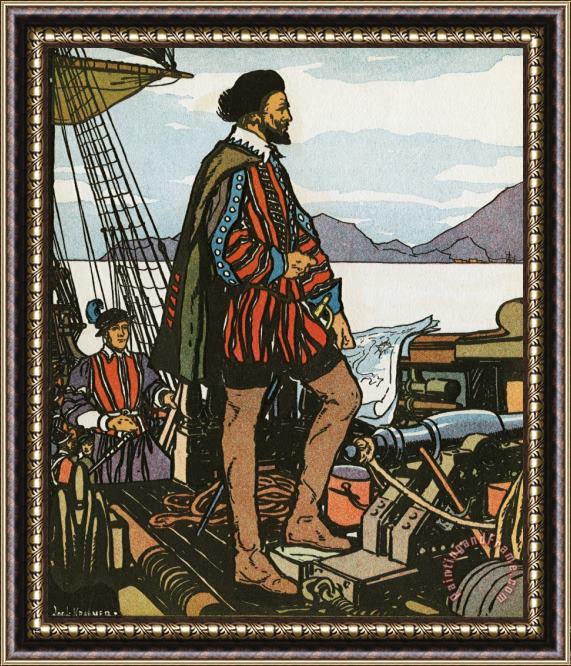 J.L. Kraemer British Elizabethan Explorer And Adventurer Sir Francis Drake Standing on Shop Looking at Shore Framed Print