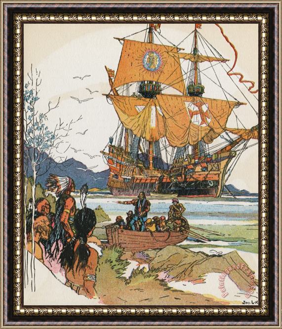 J.L. Kraemer Italian Explorer Amerigo Vespucci Lands in South America, Ships in Background Framed Painting