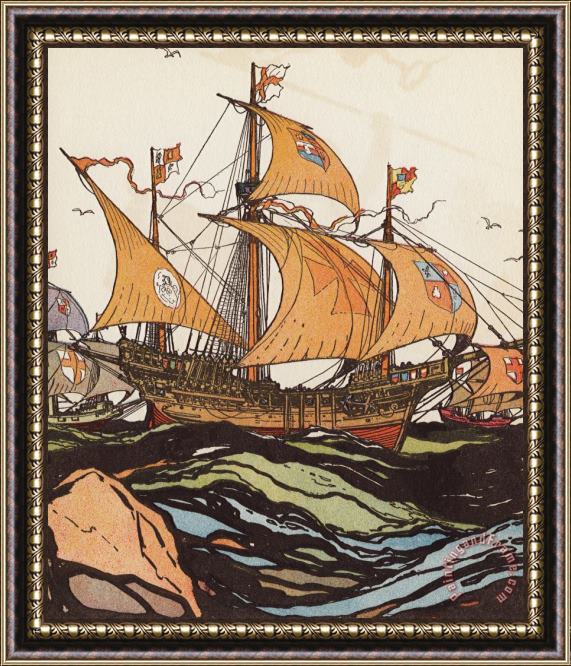 J.L. Kraemer One of Portugese Explorer Ferdinand Magellan's Ships Framed Painting