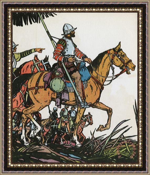 J.L. Kraemer Spanish Conquistador Francisco Pizarro Riding a Horse Carrying a Flag Framed Painting