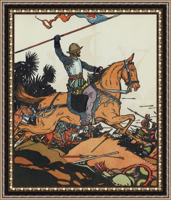 J.L. Kraemer Spanish Conquistador Hernan Cortes (cortez) Riding a Horse Into Battle Carrying a Flag Framed Print