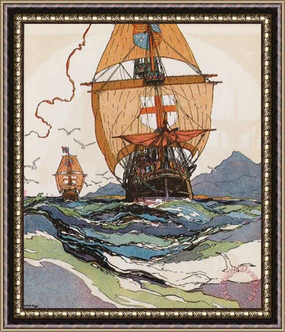 J.L. Kraemer Two of Explorer Christopher Columbus' Ships Framed Painting