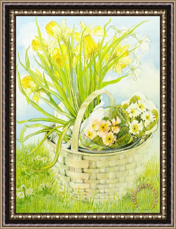 Joan Thewsey Daffodils And Primroses In A Basket Framed Painting