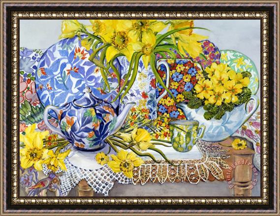 Joan Thewsey Daffodils Antique Jugs Plates Textiles And Lace Framed Print