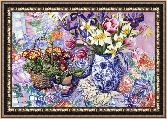 Joan Thewsey Daffodils Tulips And Iris In A Jacobean Blue And White Jug With Sanderson Fabric And Primroses Framed Print