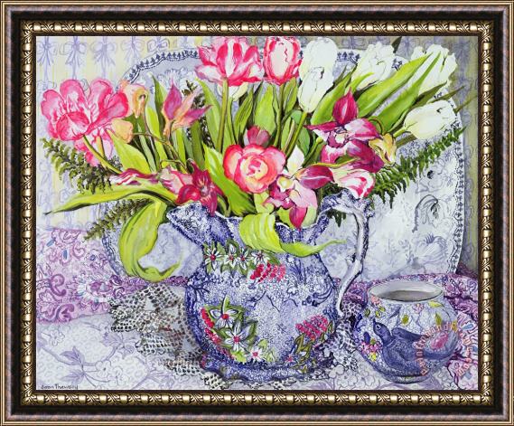Joan Thewsey Pink And White Tulips Orchids And Blue Antique China Framed Painting