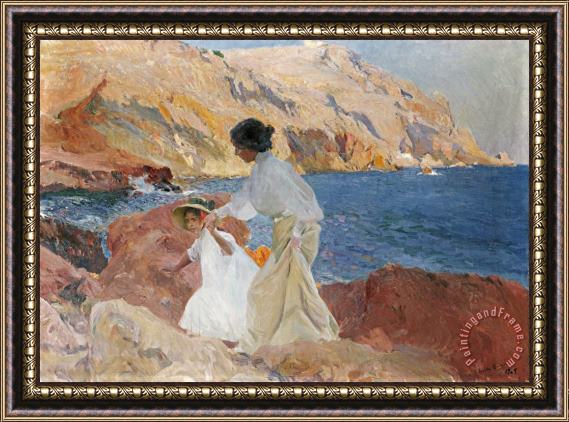 Joaquin Sorolla y Bastida Clotilde And Elena on The Rocks, Javea Framed Painting