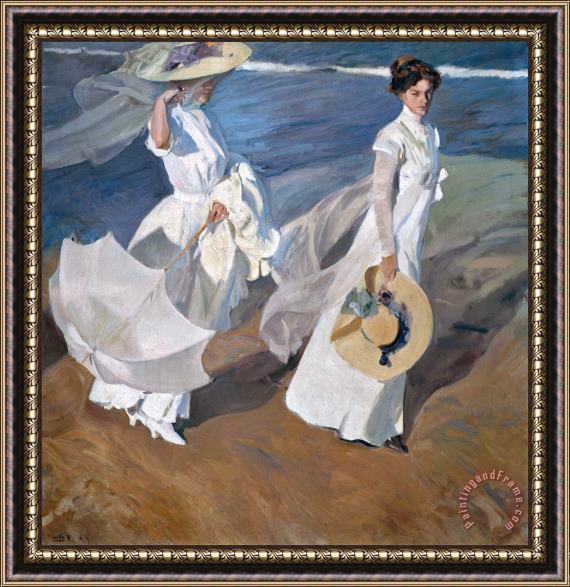 Joaquin Sorolla y Bastida Strolling along the Seashore Framed Painting