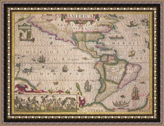 Jodocus Hondius Antique Map of America Framed Painting