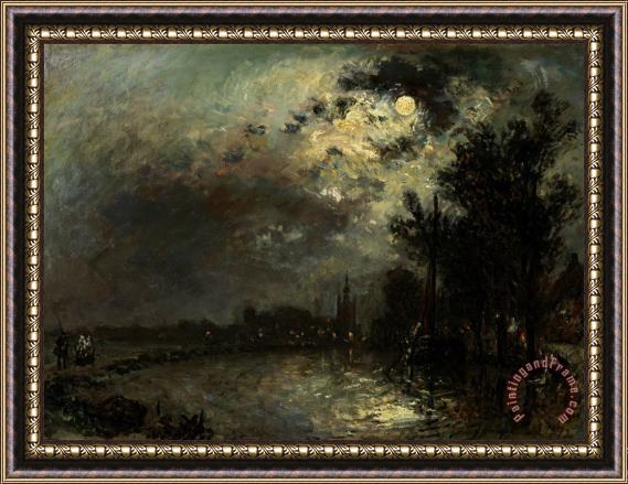 Johan Barthold Jongkind View on Overschie in Moonlight Framed Painting