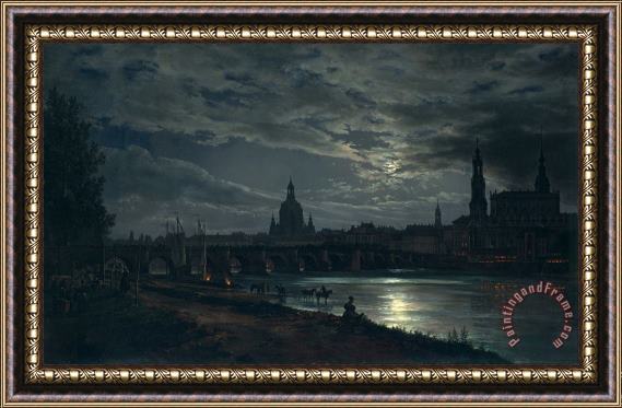 Johan Christian Dahl View of Dresden by Moonlight Framed Painting
