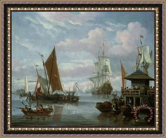 Johannes de Blaauw Estuary Scene with Boats and Fisherman Framed Painting