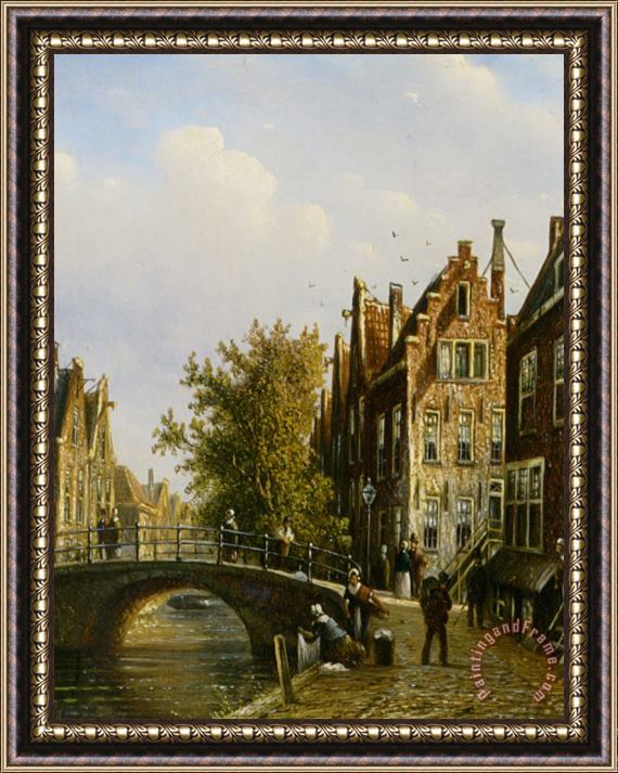 Johannes Franciscus Spohler A Dutch Town with Figures on a Canal Framed Print