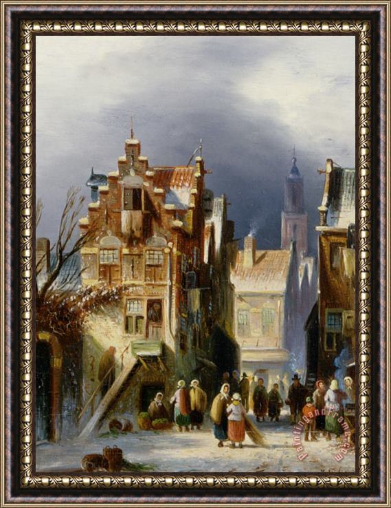 Johannes Franciscus Spohler Figures in a Wintry Dutch Town Framed Painting