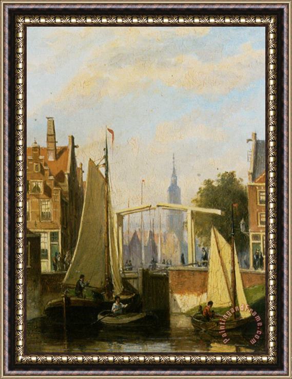 Johannes Frederik Hulk Boats on a Canal in a Dutch Town Framed Painting