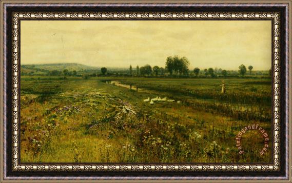 John Atkinson Grimshaw An Extensive Meadow Landscape with Geese by a Stream Framed Print