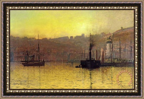 John Atkinson Grimshaw Nightfall in Scarborough Harbour Framed Painting