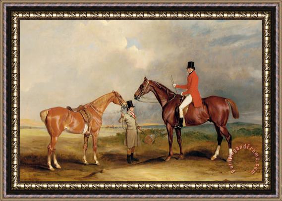 John E Ferneley Portrait Of John Drummond On A Hunter With A Groom Holding His Second Horse Framed Painting