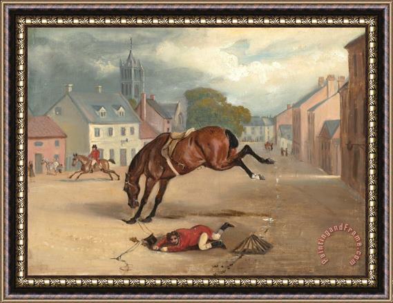 John Ferneley Count Sandor's Hunting Exploits in Leicestershire: No. 1: The Count Floored in The Streets of Melton Mowbray, on The First Day of Going to Cover Framed Print
