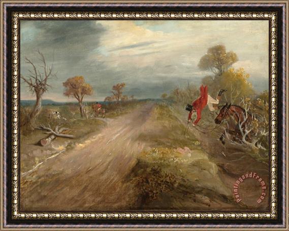 John Ferneley Count Sandor's Hunting Exploits in Leicestershire: No. 8: The Count on Cruiser Flying Over His Head Into The Lane Below Framed Painting