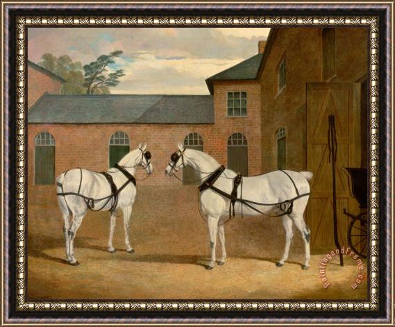 John Frederick Herring Grey Carriage Horses in The Coachyard at Putteridge Bury, Hertfordshire Framed Print