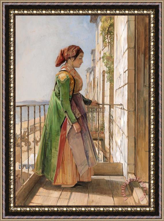 John Frederick Lewis A Greek Girl Standing on a Balcony Framed Painting
