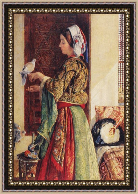 John Frederick Lewis Girl with Two Caged Doves Framed Painting