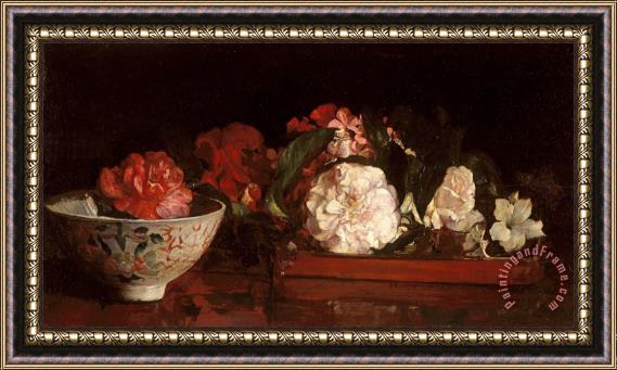 John LaFarge Flowers on a Japanese Tray on a Mahogany Table Framed Painting