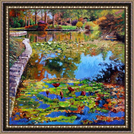 John Lautermilch Fall Leaves on Lily Pond Framed Print