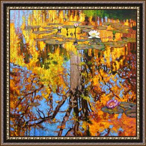 A Pond in The Morvan Framed Prints - Golden Reflections on Lily Pond by John Lautermilch