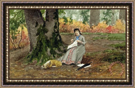 John M Tracy Woman Embroidering Under a Tree Framed Print