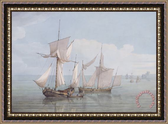 John Thomas Serres A Hoy And A Lugger With Other Shipping On A Calm Sea Framed Painting