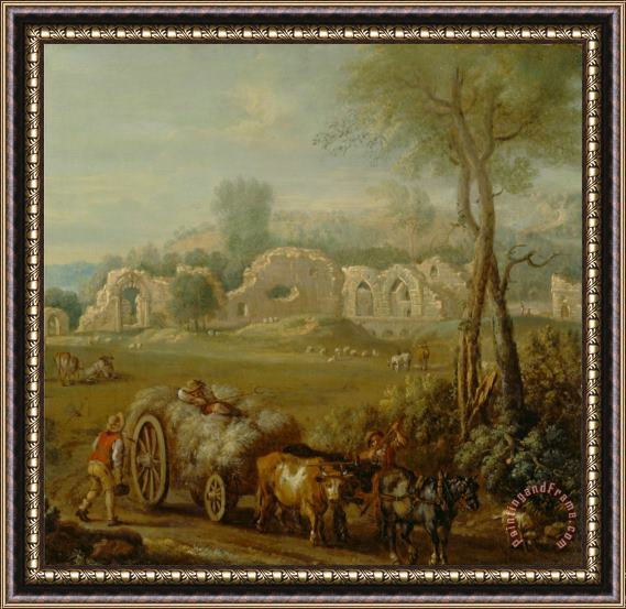 John Wootton Haycart Passing a Ruined Abbey Framed Painting